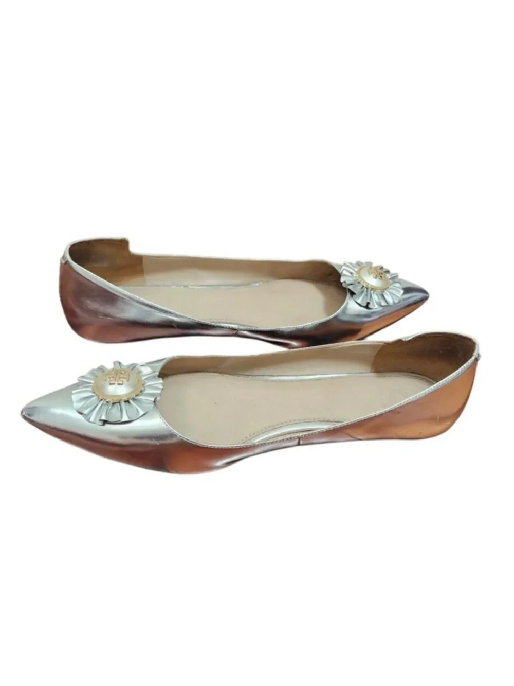 Tory Burch Silver Metallic Leather Pointed Toe Logo Ballet Flats Women's 10.5M